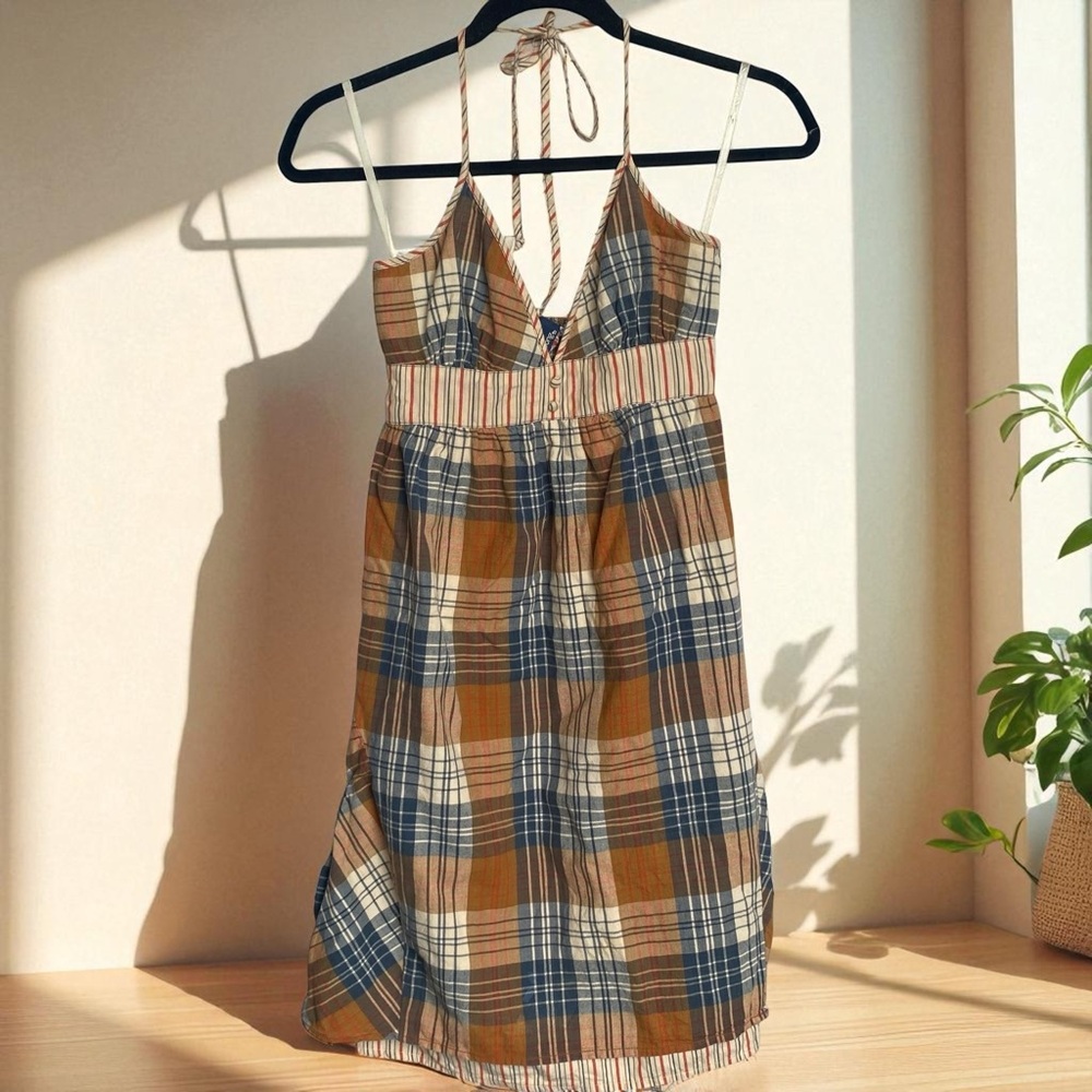 Billabong Halter Dress in Blue and Tan Plaid